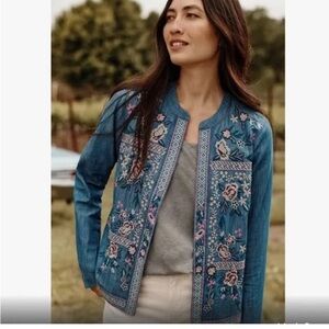 J Jill Floral Embroidered Denim Open Front Jacket Women’s Sz S Boho Hippie EUC